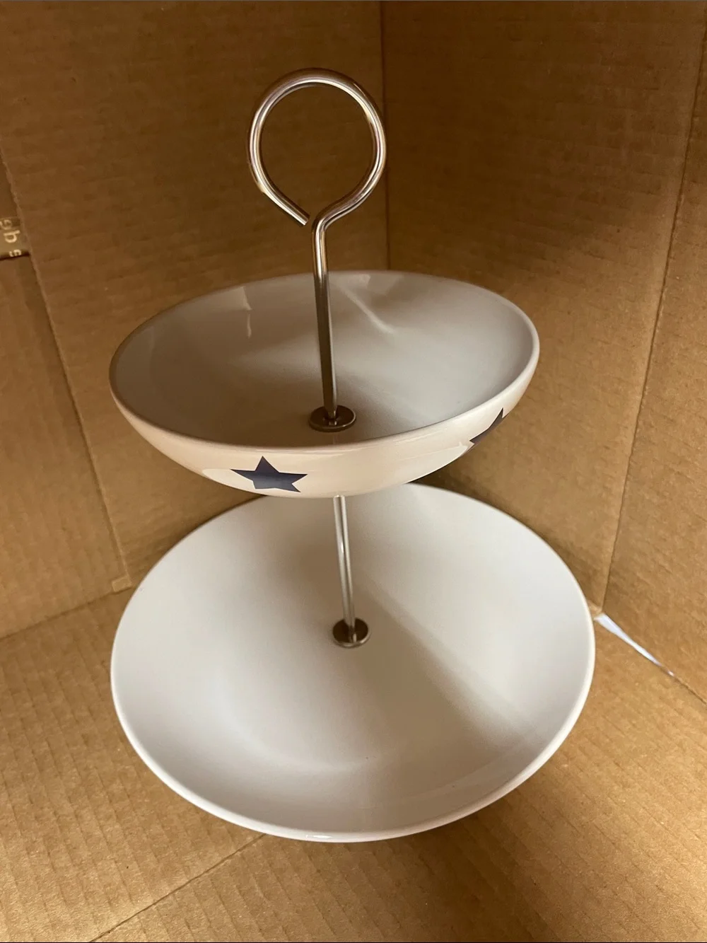 New IKEA Two-Tier 8” White Serving Stand with Navy Star Design